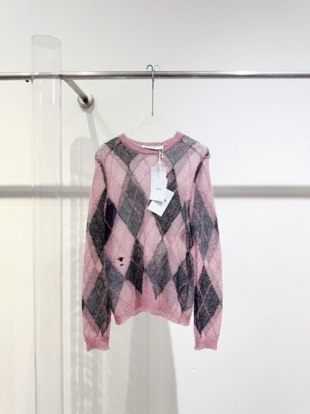 🚩steal Dior Pink and Gray Knit Bee Emblem Sweater